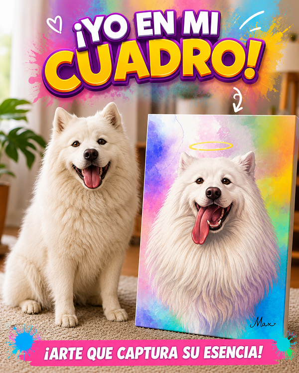 Perro junto a su cuadro artístico personalizado de VinilWalls